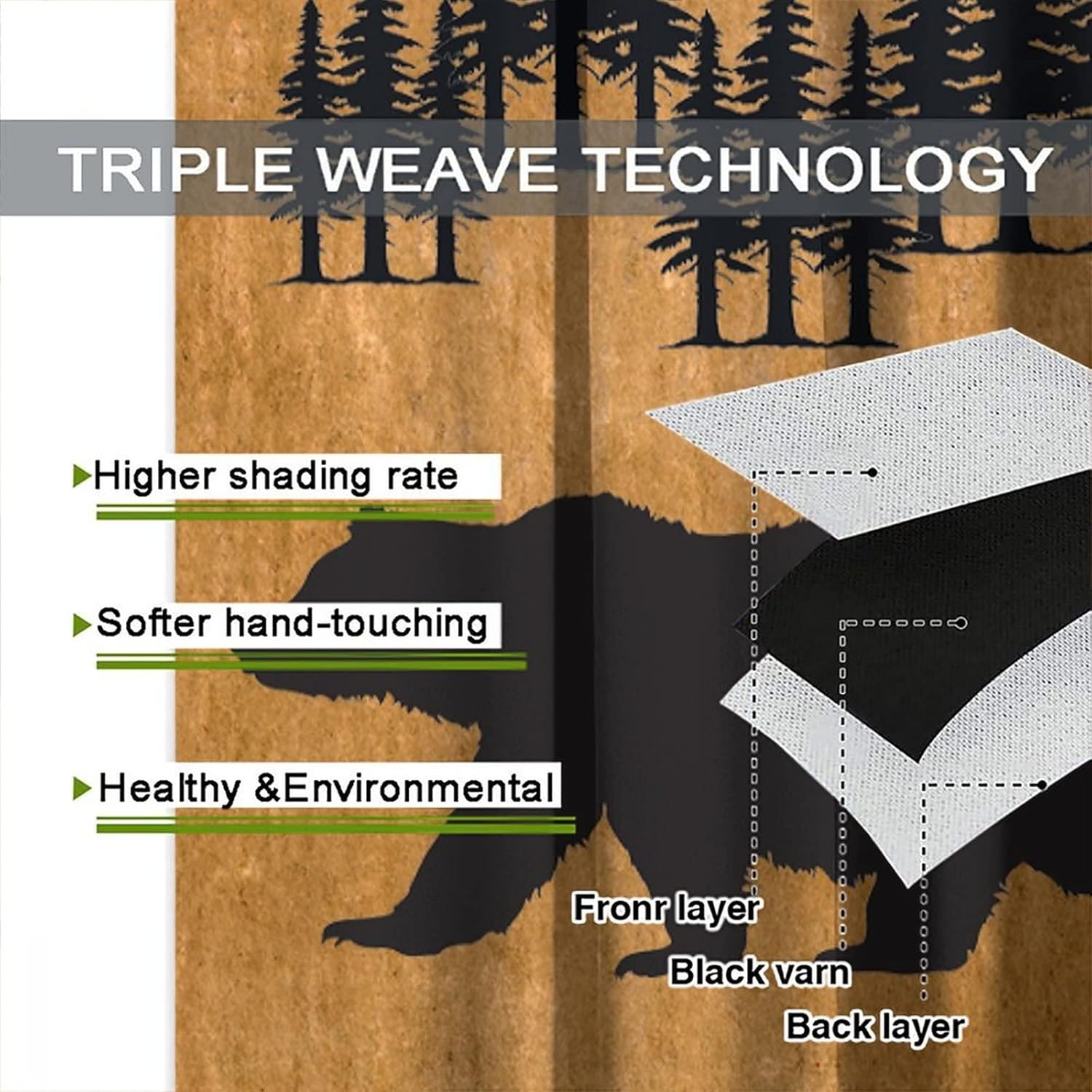 Black Bear Kitchen Window Curtains,Rustic Farm Wildlife Cute Bear Thermal Insulated Blackout Drapes,Vintage Cabin Coniferous Forest Silhouettes Print for Home Living Room Cafe Kids Room 72x63in