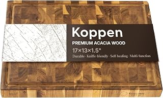 Koppen Large End Grain Wood Cutting Board 20" x 15" x 1.5" - Butcher Block Wood Cutting Board, Acacia Wood with Teak Finish, Dual-Sided with Juice Groove & Food Tray, Non-Toxic, Spaceful Compartment
