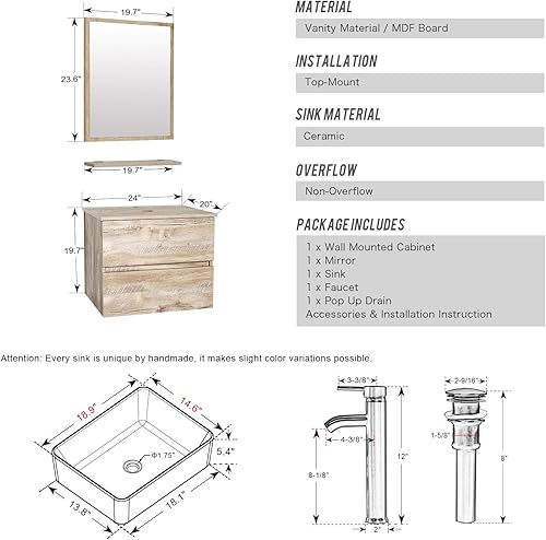 Miniatura 3 de eclife T03 E02AK - Juego de lavabo flotante de 24 pulgadas para montar en la pared, con dos cajones, fregadero rectangular de cerámica blanca con