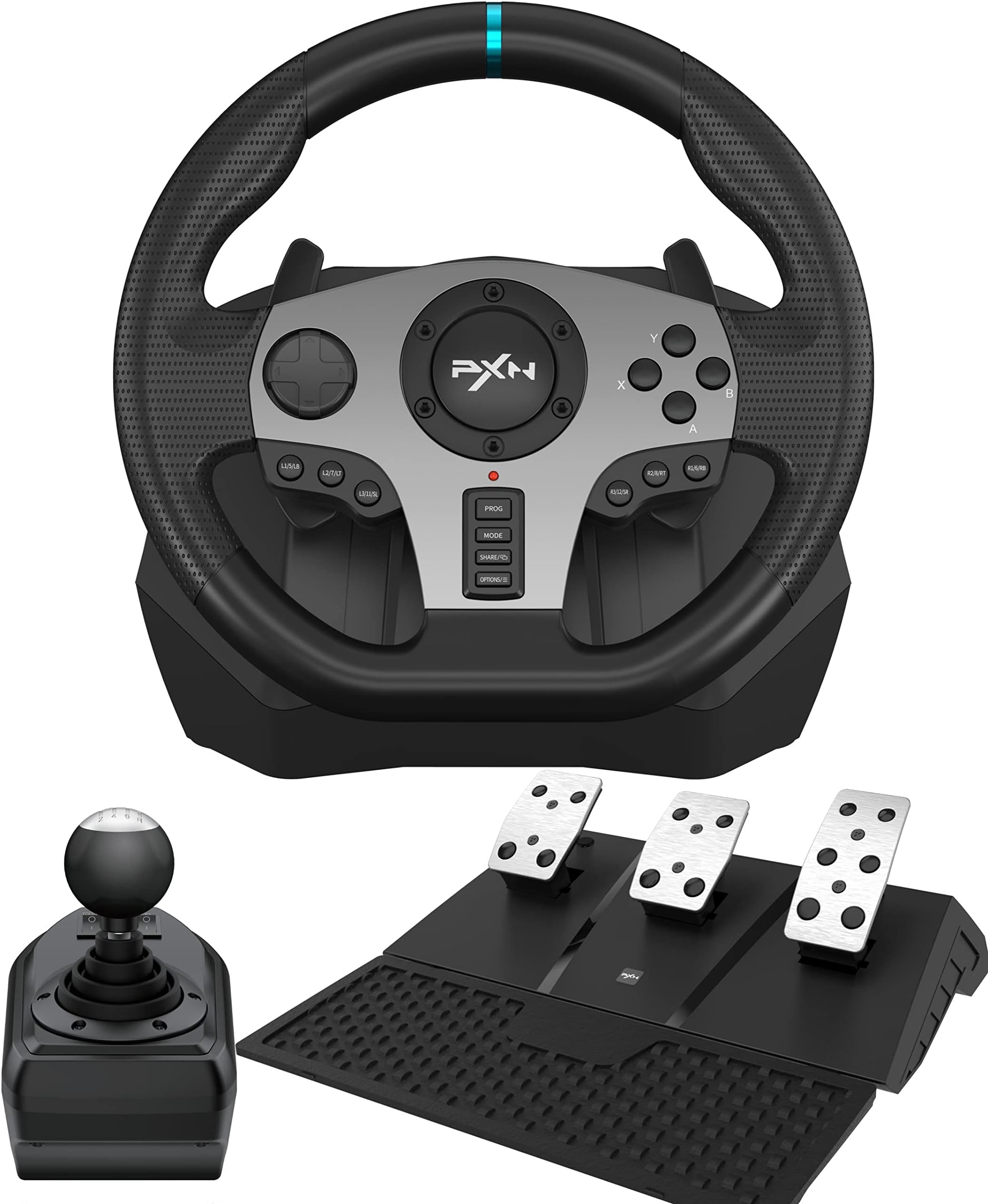 PXN V9 Steering Wheel with Pedals and Shifter - 270°|900° Racing Wheel, 3-Pedals, H-Shifter, Paddle Shifters, Tools APP, Vibration Feedback - Gaming Steering Wheel for PC, Xbox, PS3, PS4, Switch