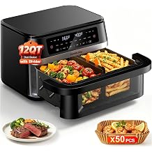 Dual Basket Air Fryers with Flex Basket, 12QT Double Air Fryer with Viewing Window & 50PCS Paper Liners, for 10 People, 12-in-1 Digital Panel with Sync & Light, for Bake, Roast, Reheat,Dishwasher Safe