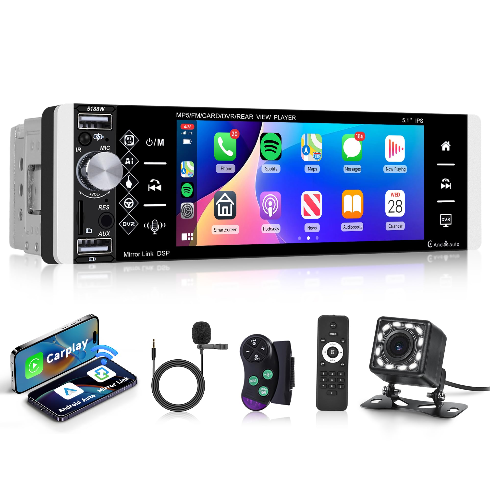 Rimoody Radio de Coche 1 DIN Inalámbrica Carplay Android Auto, 5,1 Pulgadas Pantalla Táctil HD Radio Coche con Bluetooth Mirror Link FM/Am/RDS/EQ/AUX/TF/U Disco Control del Volante Cámara Trasera