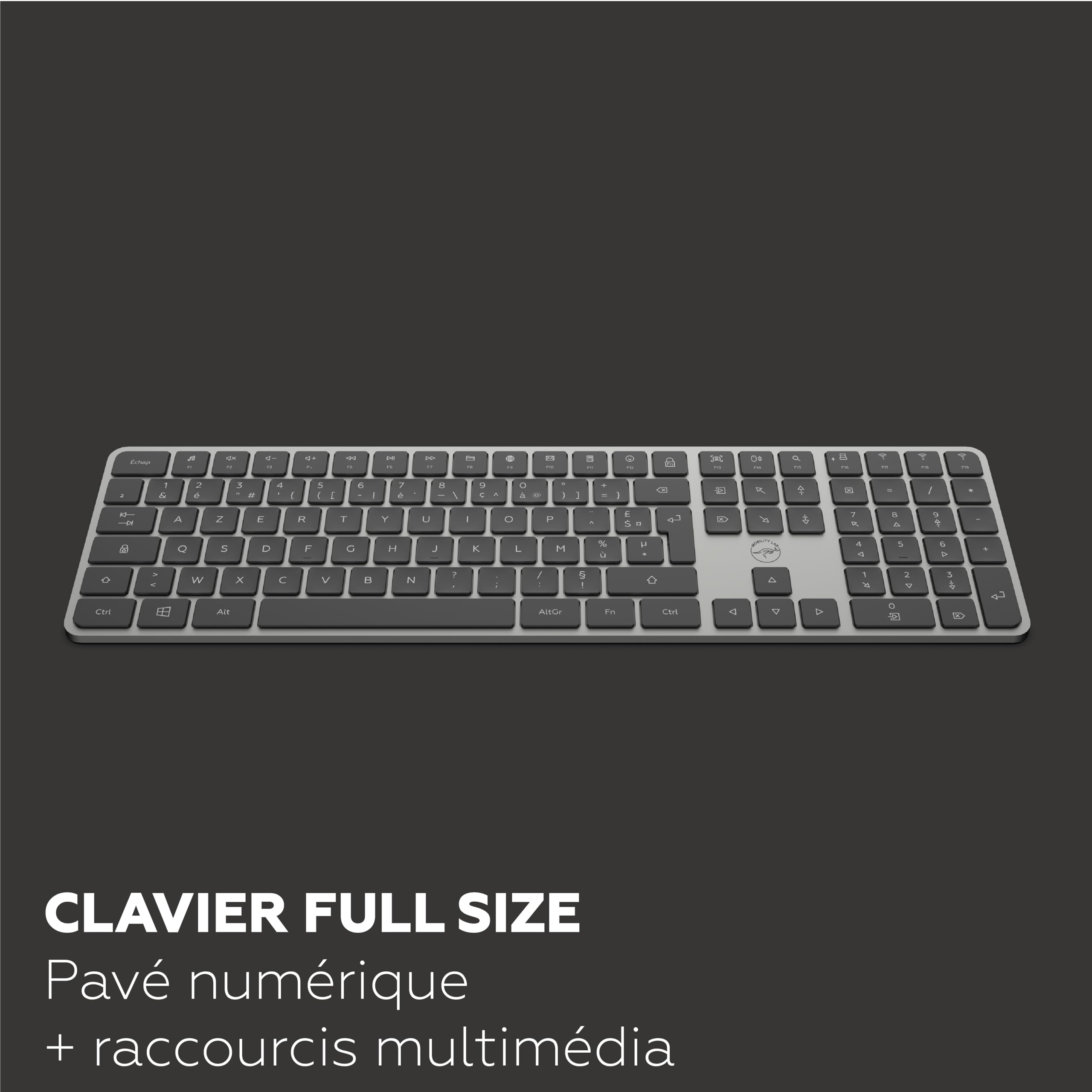 Mobility Lab - KP430W - Teclado inalámbrico multiconexión, AZERTY, Receptor 2.4 GHz USB + 3 x Bluetooth, 15 accesos directos Multimedia, Carga rápida vía USB-C - Windows