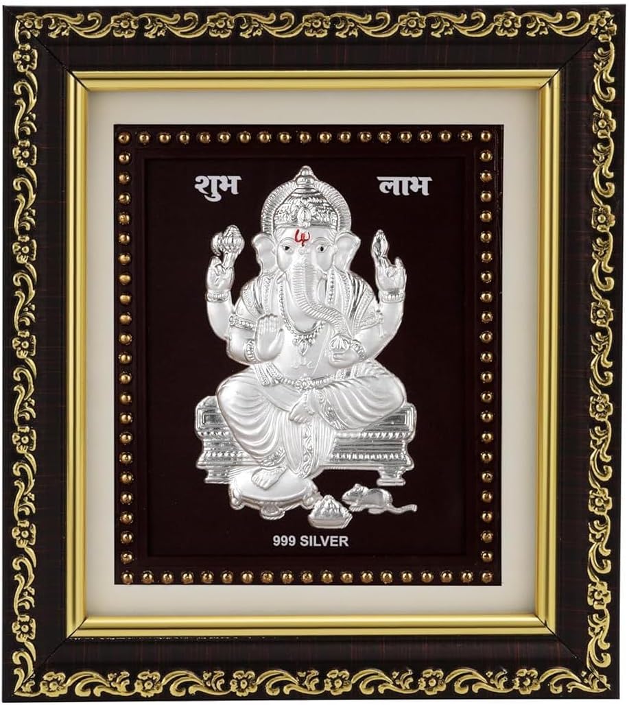 Hem Jewels 999 Pure Silver Ganesh Photo Frame for Home & Office | God Frame for Pooja Room & Wall Decor | Premium Pure Silver Gifting Item for Wedding, Housewarming, Office, Wedding & Festival Gifts | Square Tabletop | W=12cm & H=13.5 cm | Certificate Included