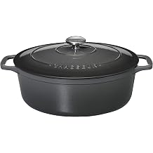 Chasseur French Enameled Cast Iron Casserole 4.2 Quart Caviar Grey Oval Dutch Oven Pot with Lid for Roasting, Braising & Elegant Table Serving Handcrafted, Sustainable Double Enamel Cookware