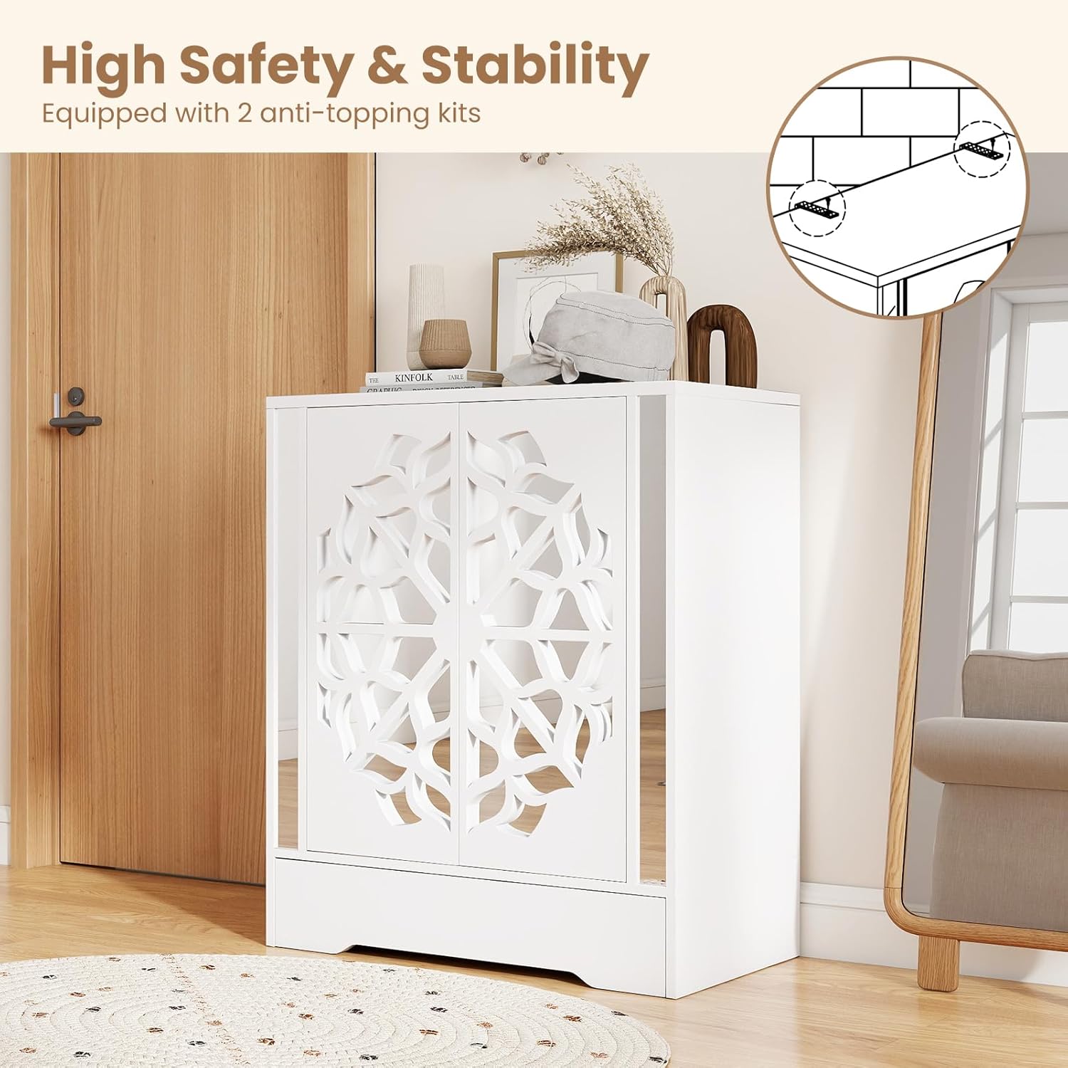 GOFLAME Shoe Storage Cabinet, 4-Tier Mirrored Shoe Cabinet with Doors and Bottom Drawer, Modern Elegant Shoe Storage Organizer for Entryway, Hallway, Living Room, Closet