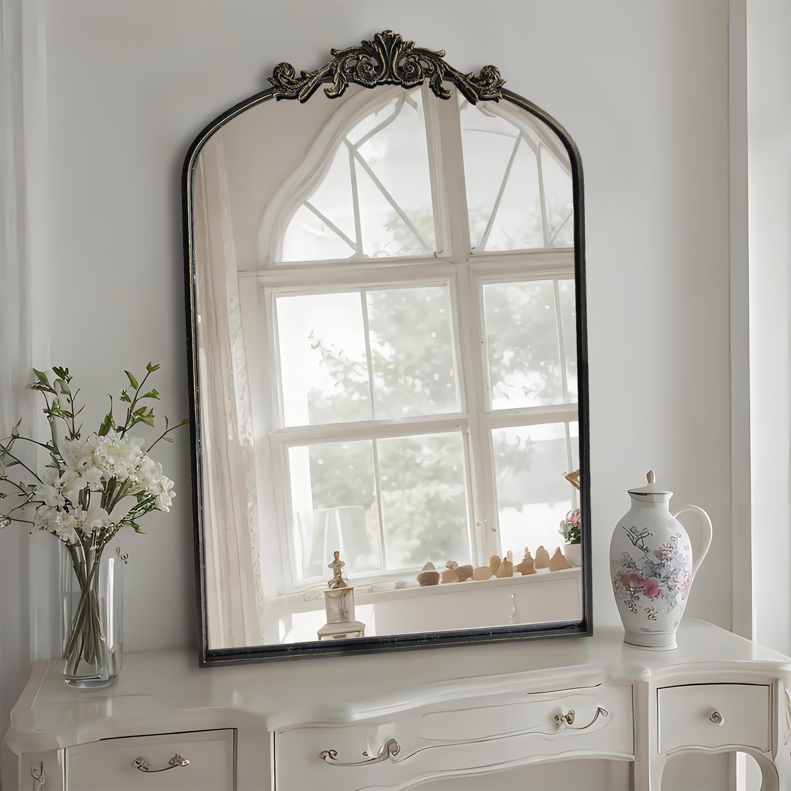 Wall Mirror Window Decorative Traditional Mirrors Antique Arched Farmhouse for Living Room Bedroom Entryway Bathroom Vanity (36 * 24 * 1.2, Black)
