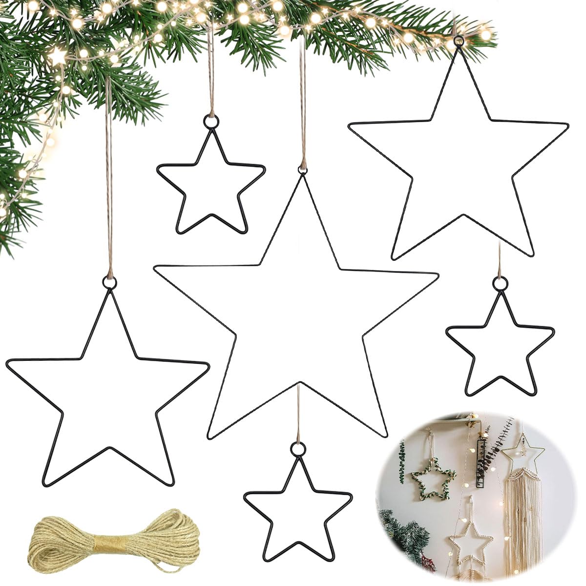 Estrellas Decorativas de Navidad en Metal, 1PC 30cm/25cm/20cm & 3PCS 10cm Estrella Metalica con Cuerda de Yute de 10 Metros, Metal Macramé Anillos Estrella, Metal Anillos de Atrapasueños
