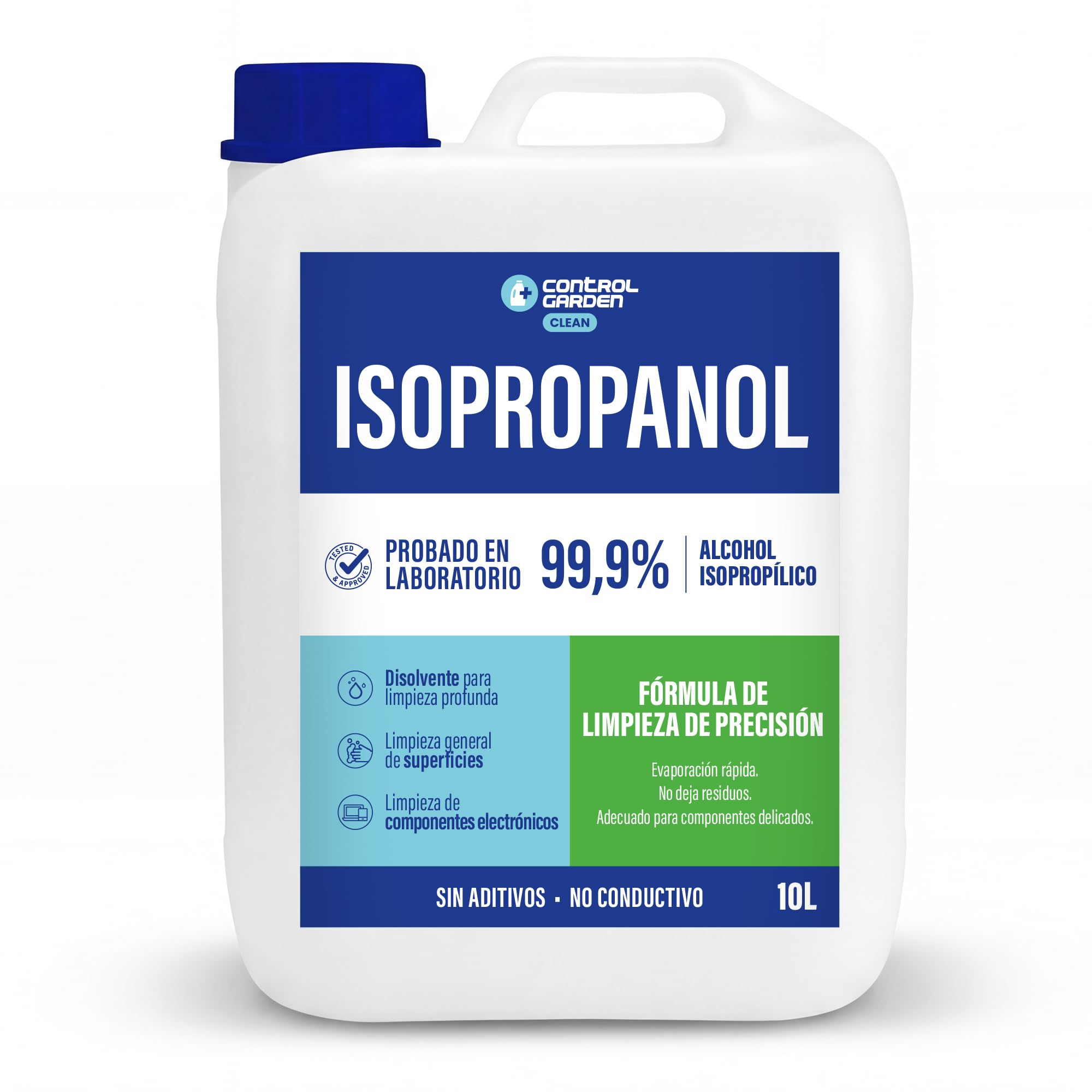 CONTROL GARDEN Alcohol Isopropilico 99,9% 10 L | Isopropanol Puro | Limpieza Profesional de Componentes Electronicos, Optica y Superficies Delicadas | Limpiacristales Sin Residuos Rapida Evaporacion