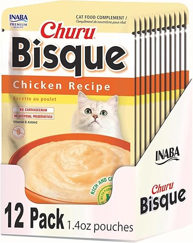 INABA Churu Bisque para gatos, plato de puré cremoso para lamer con vitamina E, 1.4 onzas por bolsa, 12 bolsas, receta de pollo
