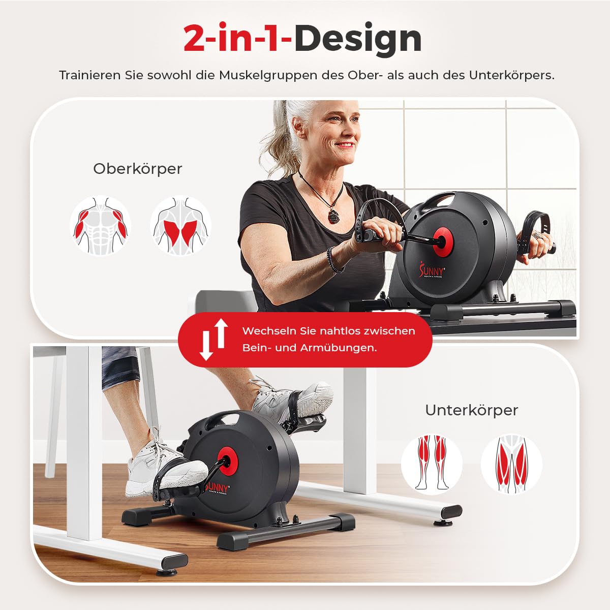 Sunny Health & Fitness Smart-Heimtrainer, Untertisch-Mini-Pedaltrainer mit Doppelfunktion für Senioren, Cardio-Training zu Hause, optional mit kostenloser SunnyFit-App & Magnetic