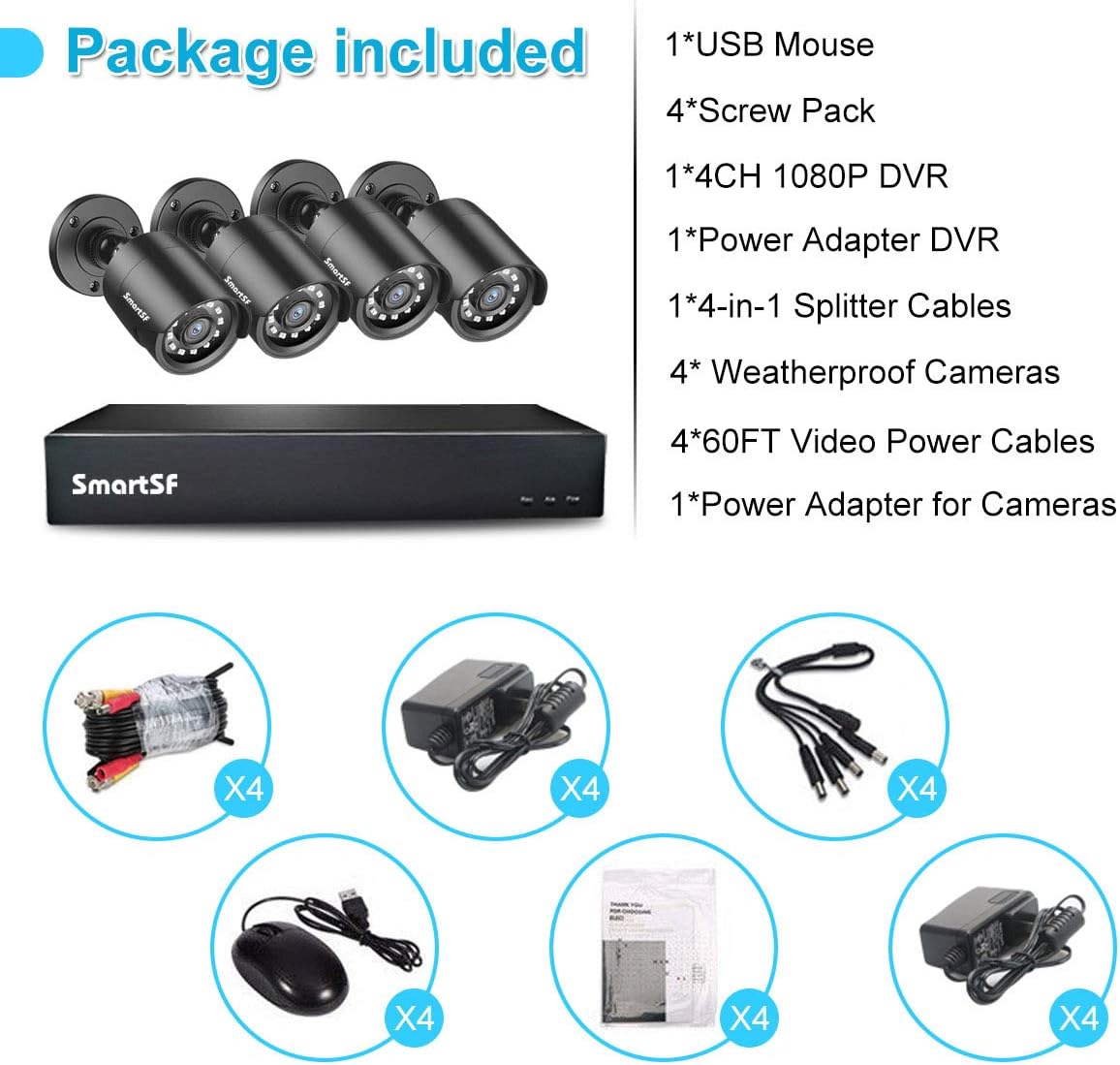 Home Security Camera System Wired, (4) HD 2.0MP Surveillance Bullet Cameras with 4CH CCTV DVR Video Recorder, IP66 Weatherproof for Indoor Outdoor use, Motion Detection, E-Mail Alert, Remote Access