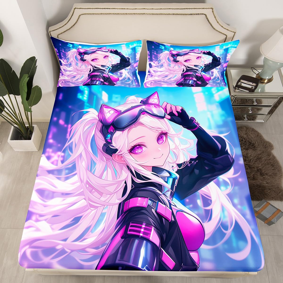Erosebridal Girls Japanese Anime Fitted Sheet Queen, Kawaii Anime Girl Bed Sheets Cartoon Manga Girl Bedding Set for Kids Teens Adult Women, Japanese Animation Sci Fi Style Sheets,Blue Purple