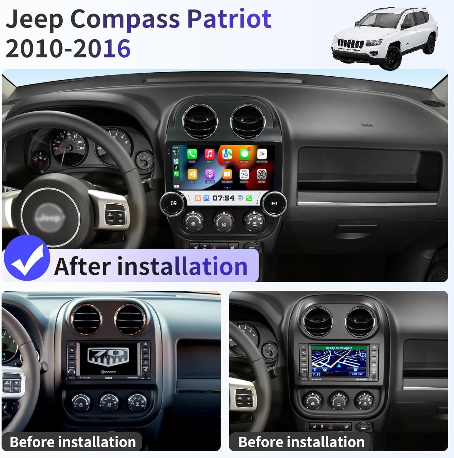 [2G+64G] Car Radio for Jeep Compass Patriot 2010-2016 Dual Knob Stereo with Wireless CarPlay/Android Auto 10.1 inch Touch Screen Head Unit Android 13.0 with BT/WiFi/DSP/GPS/SWC/RDS/FM/Backup Camera
