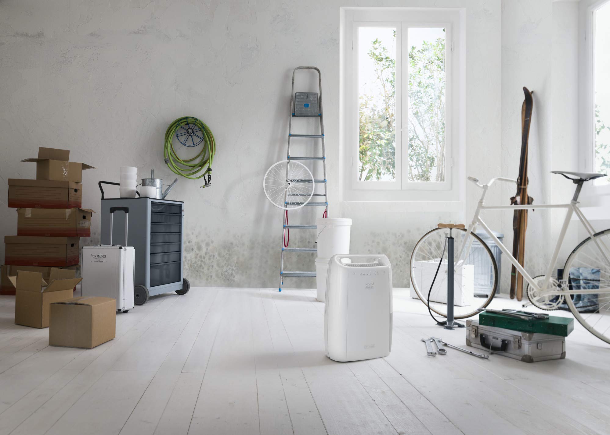 De'Longhi DEX210SF osuszacz powietrza w domu do usuwania wilgoci, odporny na pleśń, suszarka, podwójny system filtracji powietrza, 10 l/dzień, system bezpieczeństwa, uchwyt, biały