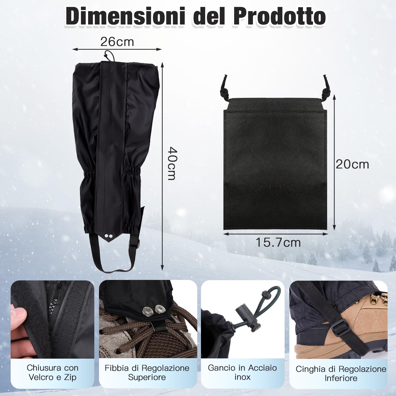 1 Paia Nero Ghette Impermeabili Trekking Uomo Donna, Ghette da Neve Regolabile Ghette da Esterno Ghette Trekking Ghette per Escursioni Sci Arrampicata, con Borsa per La Conservazione