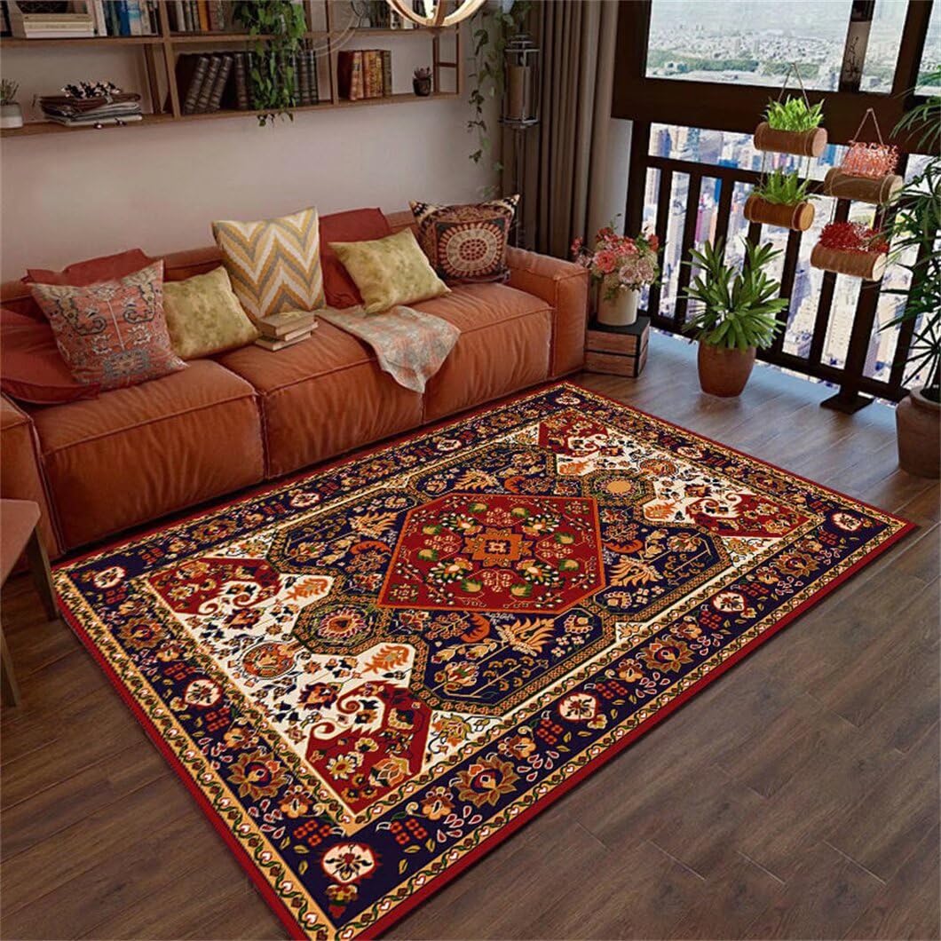 Tapis tout doux à poils ras rouge 140x200 cm au design floral vintage raffiné
