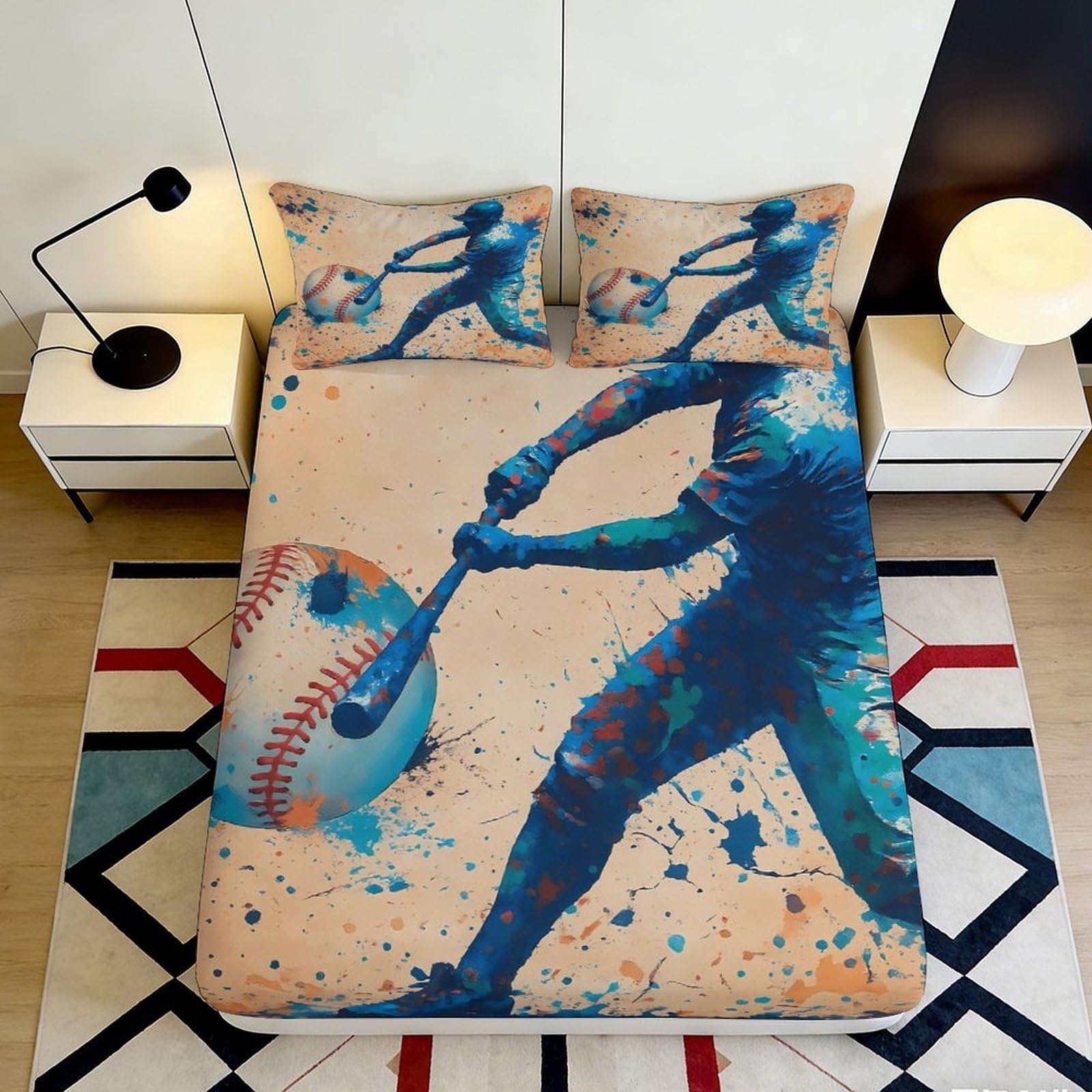 3D Printed Baseball Player Fitted Sheet Microfiber Soft Artistic Sports Bed Cover for Bedroom Dorm Mattress Decor 90x200x25cm