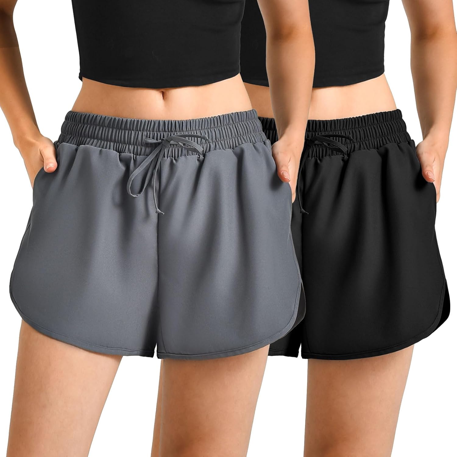 Leafigure 2Pack Running Shorts for Women- Athletic High Waisted Quick Dry Shorts with Pockets for Gym Workout