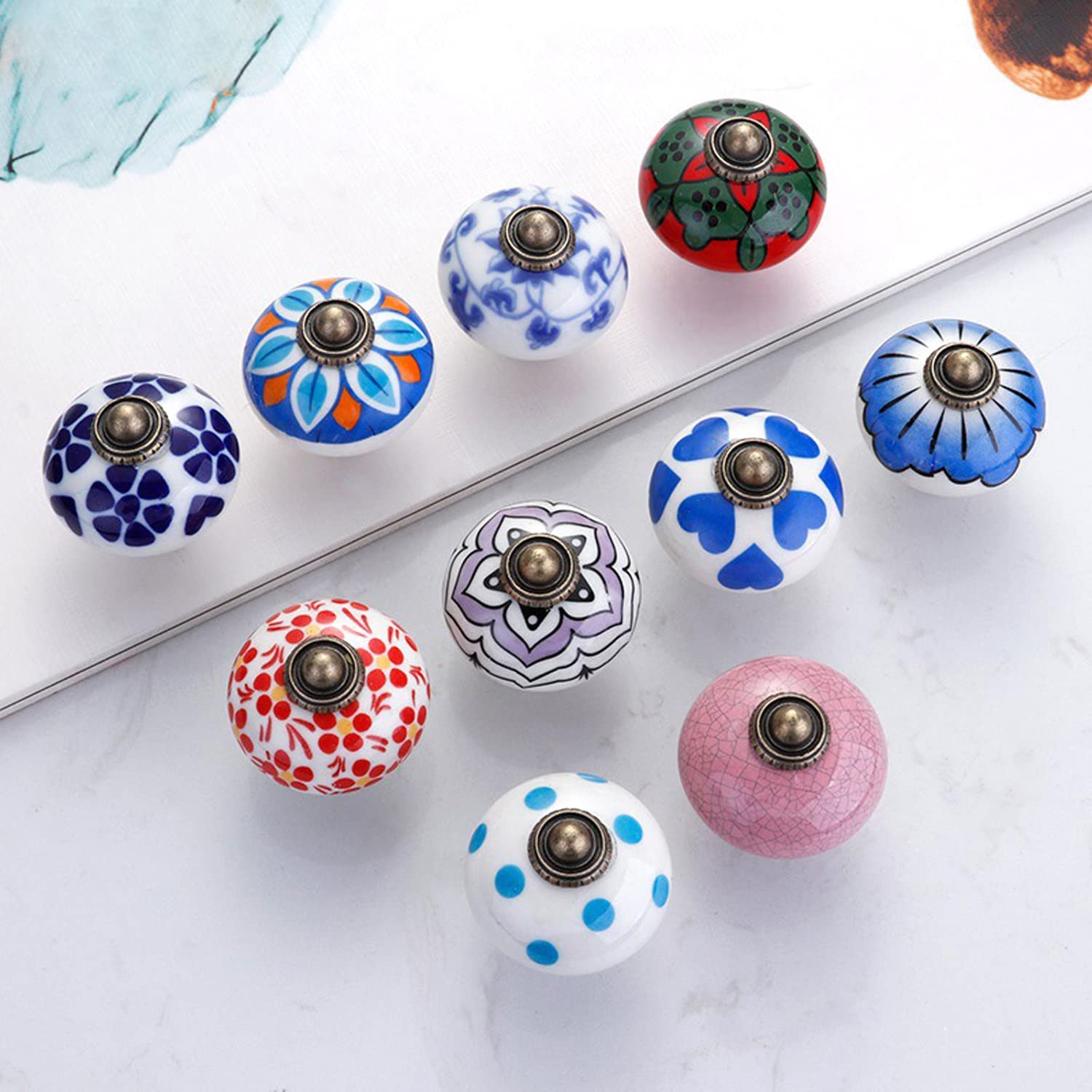 KAICAILA Vintage Floral Ceramic Cabinet Knobs Set of 10, Assorted Colors for Kitchen Drawers