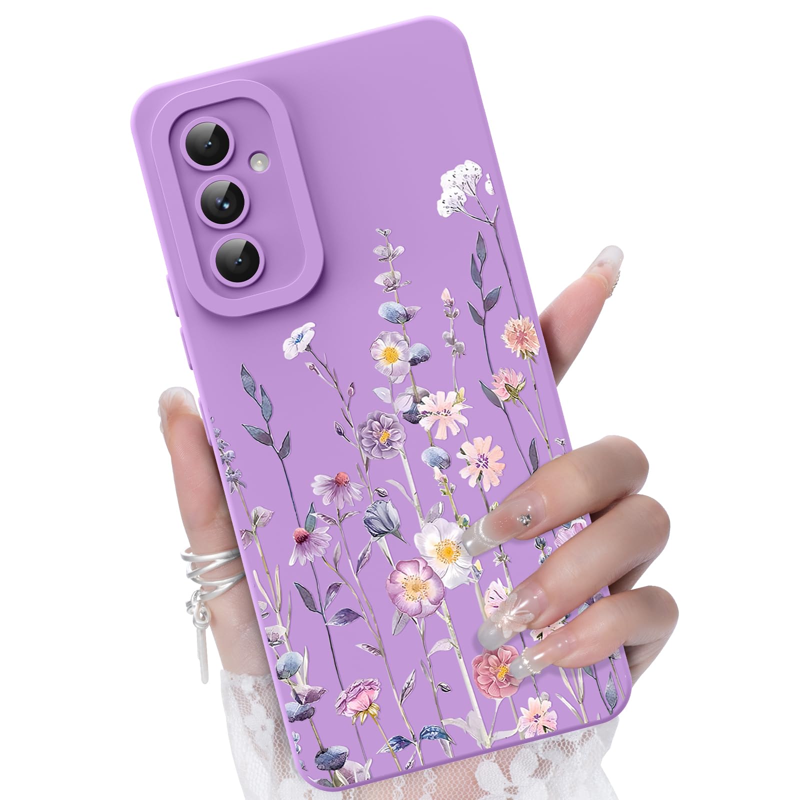 for Samsung Galaxy A54 5G Phone Case, Fashion Flower Pattern Design Girls Women Liquid Silicone Cover, Slim Shockproof and Scratch-Resistant Soft Case for Samsung A54 - Purple