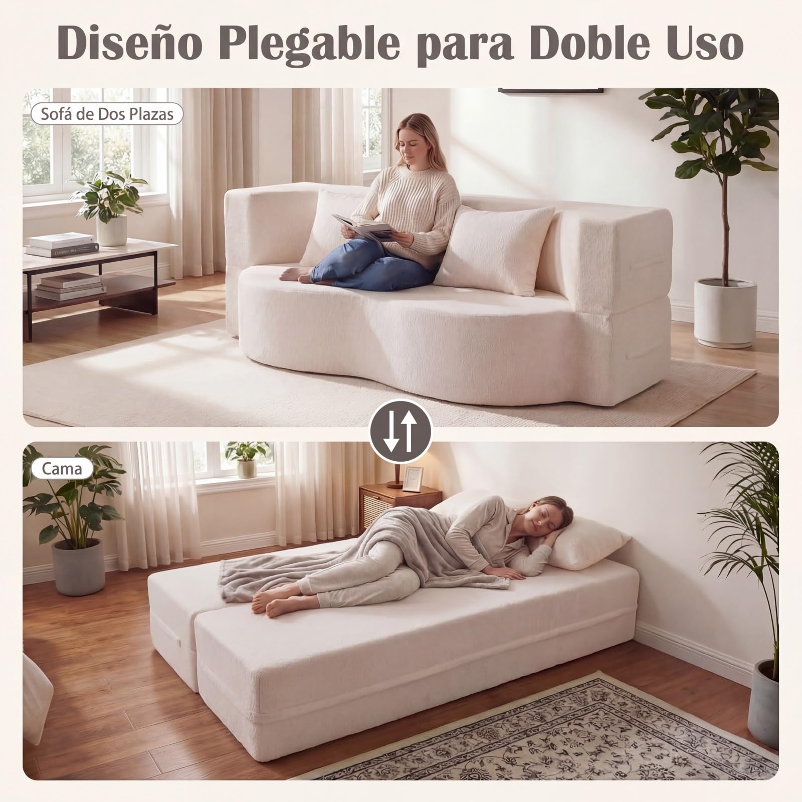 COSTWAY Sofá Cama de 2 Plazas, 192,5 cm, Sofá Convertible en Cama 2 en 1 de Tela de Polar Teddy con 2 Almohadas, sin Montaje, Sofa Comprimido de 2 Plazas sin Marco para Salón Cuarto Invitados (Blanco)