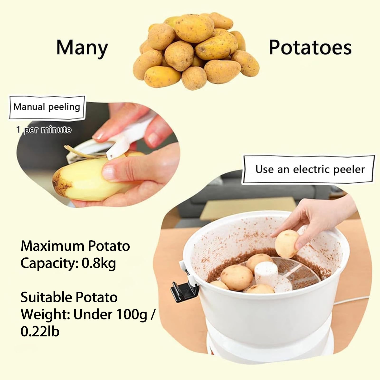 Pelapatate elettrico automatico da 85 W, funzionamento con un solo pulsante, in acciaio inossidabile, con essiccatore per verdure, per uso domestico e commerciale.