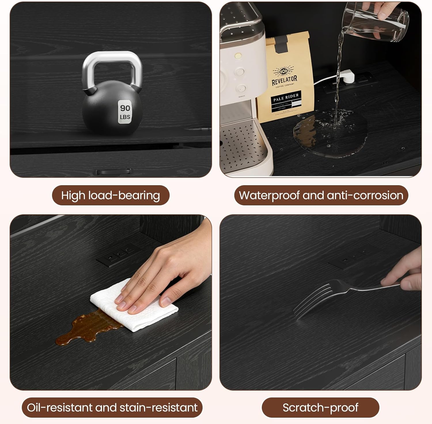 Images demonstrating the high load-bearing capacity, waterproof, oil-resistant, and scratch-proof features of the cabinet.