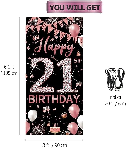 Miniatura 2 de Decoración de cumpleaños número 21 para puerta, decoración de feliz cumpleaños número 21 de oro rosa para ella, decoración de cartel de cubierta