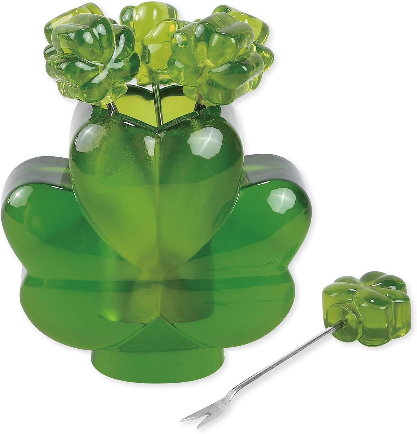 Supreme Housewares Shamrock Cocktail Picks Set with Green Clover Resin Holder, 6 Pcs Stainless Steel Fruit Toothpicks for St. Patrick's Day, Irish Lucky Party Table Decor