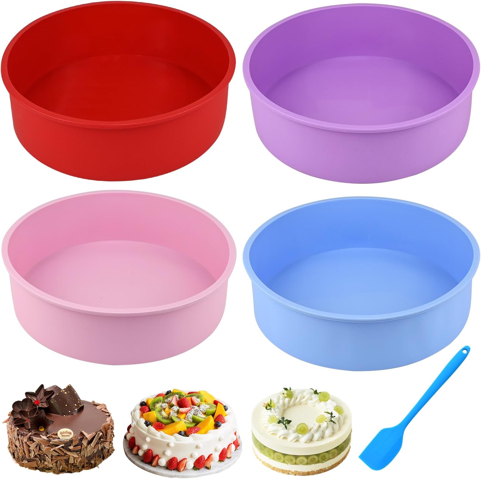 4-Piece 8 Inch Silicone Tins for Baking, 20CM Round Silicone Cake Mold Pan, Non-Stick & Quick Release, Ideal for Layer, Cheese & Rainbow Cakes