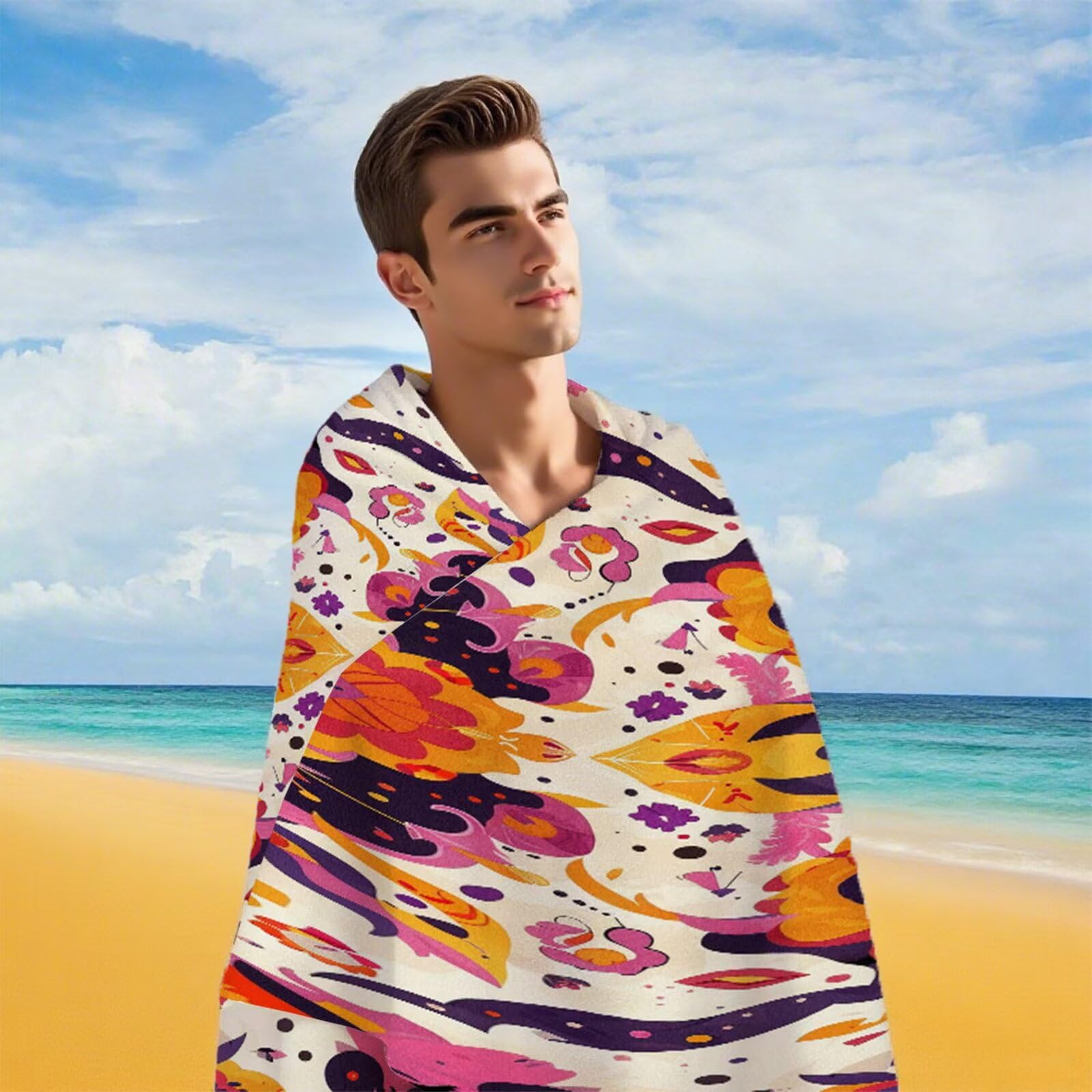 Ręcznik plażowy z mikrofibry 220 x 100 cm duży abstrakcyjny pomarańczowy ręcznik kąpielowy mata plażowa anty piasek, ręczniki sportowe, szybkoschnące, kompaktowe i lekkie, do sportu, podróży, sauny
