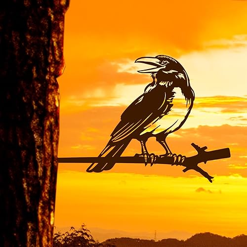 NOAHAMMER Cuervo de arte de metal para patio, silueta al aire libre, decoración de jardín, decoración de estatua de metal oxidado, pájaros de metal