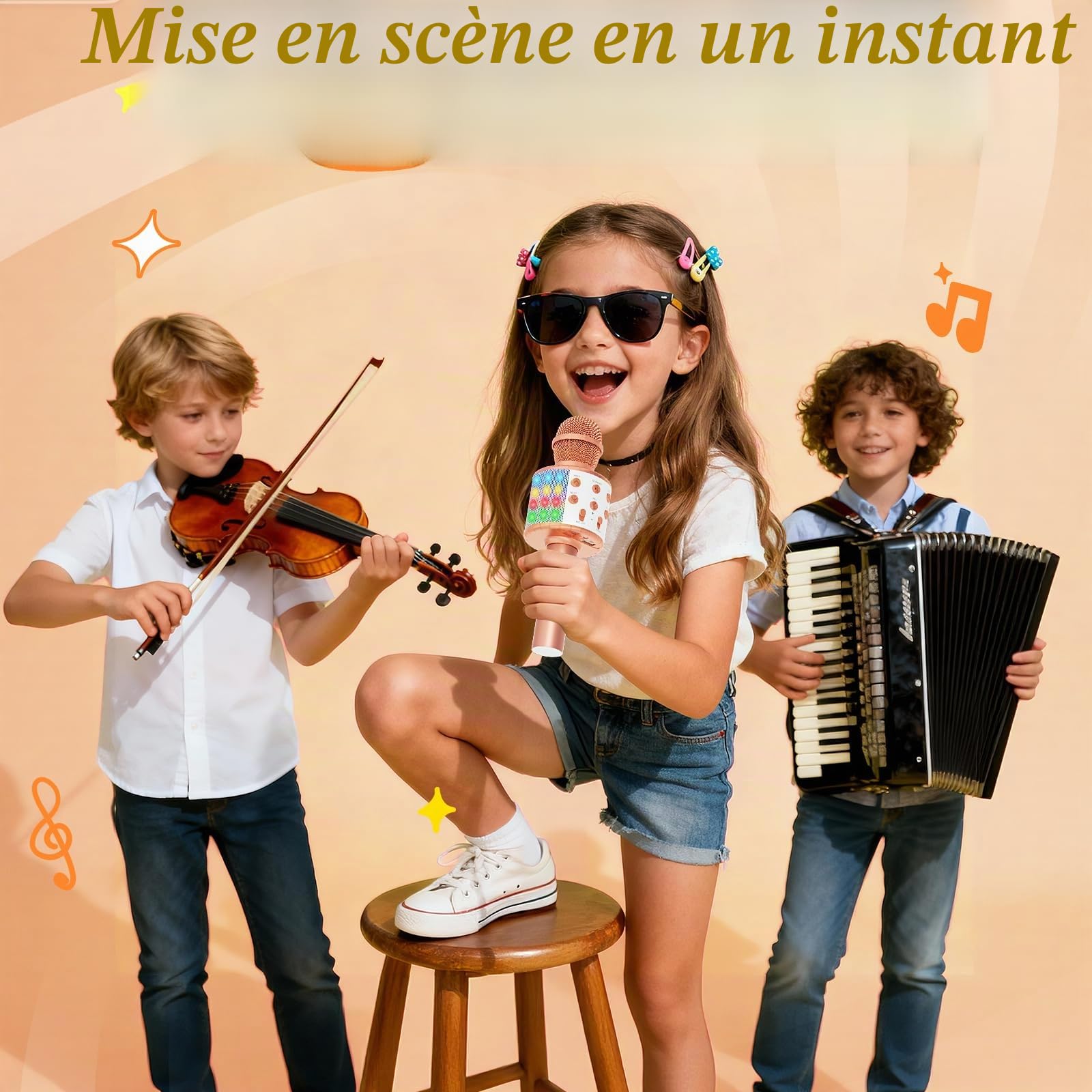 Fede Microphone Karaoké sans Fil Bluetooth avec Lumière LED Multi Couleur, Micro à Main Portable Haut-Parleur pour Enfants/Adultes Chanter, Compatible avec Android/iOS/PC/Smartphone