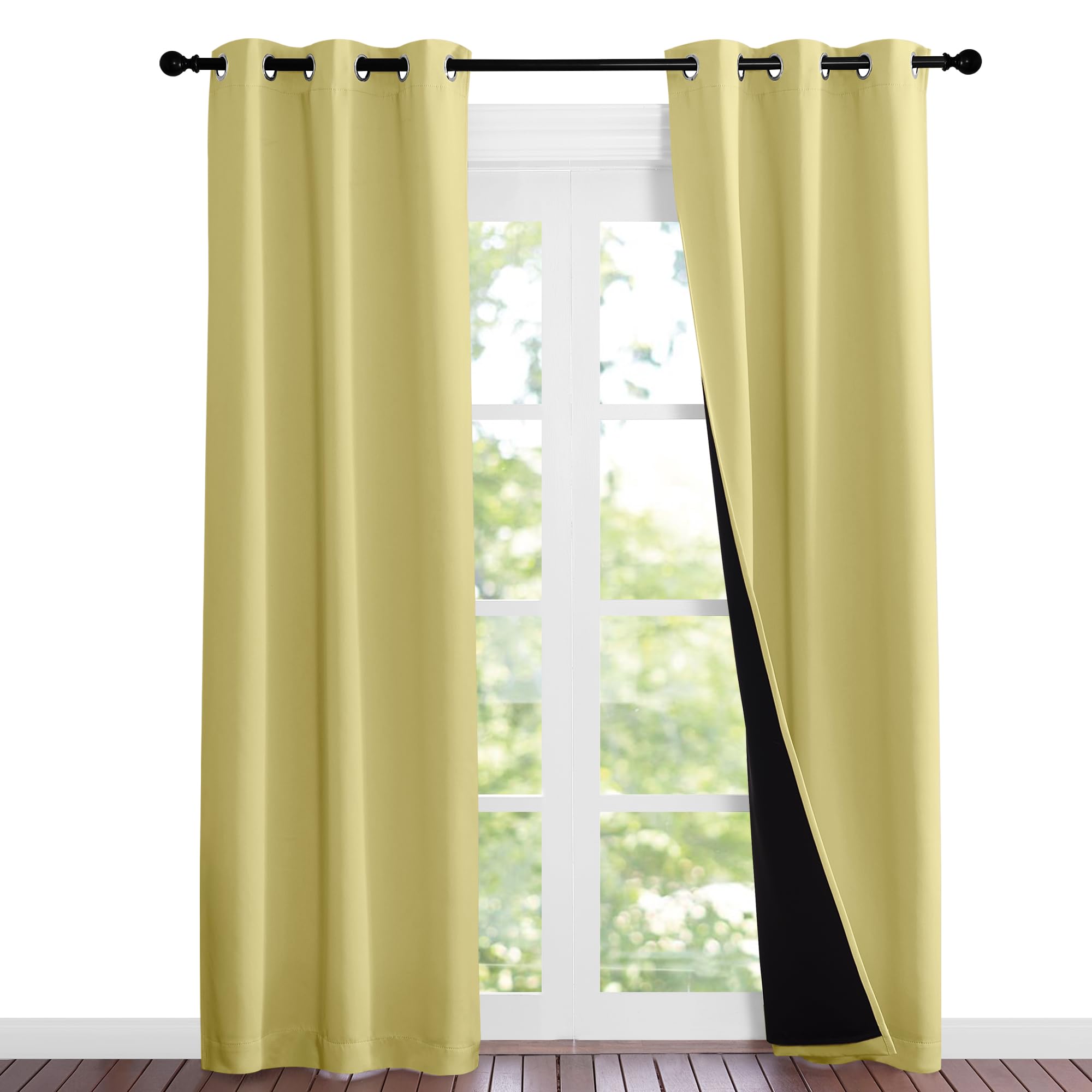 NICETOWN Paler Yellow Full Shade Curtain Panels, Pair of Thermal Insulated & Energy Efficiency Blackout Curtains for Living Room Windows, Lined Silky Performance Window Dressing (37" Wide x 84" Long)
