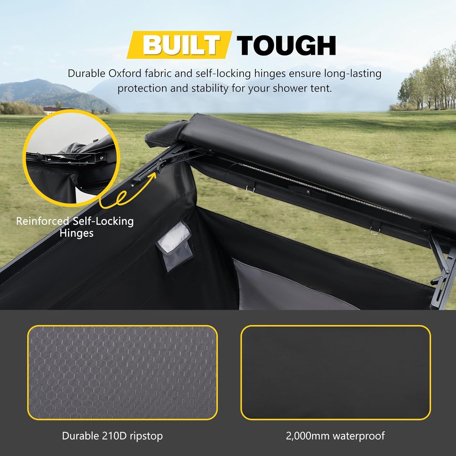 BUNKER INDUST Vehicle Side Shower Tent with Roof, Car Portable Privacy Shower Bathroom, Outdoor Camping Awning Shower Room Waterproof, Built-in LED Light for Night, Black