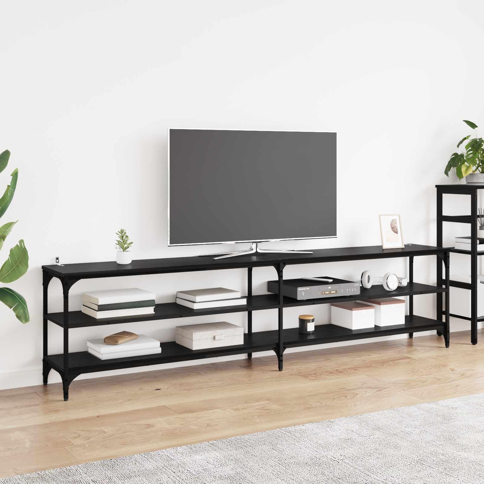 Banc TV aspect chêne et noir 200 cm idéal pour soirée cinéma salon
