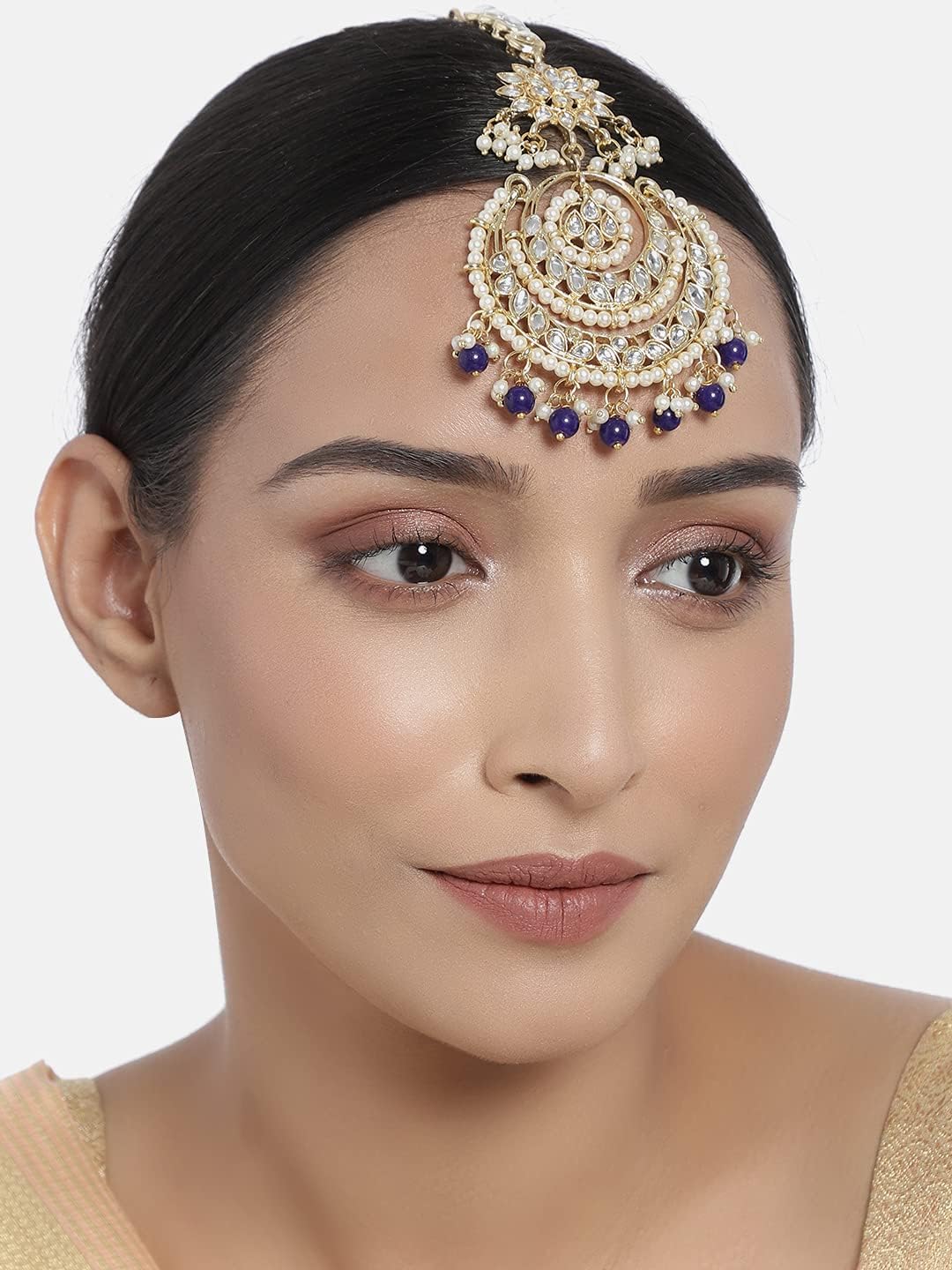 I Jewels Gold Plated Kundan with Pearls Bollywood Indian Style Bridal Wedding Maang Tikka Jewelry for Women