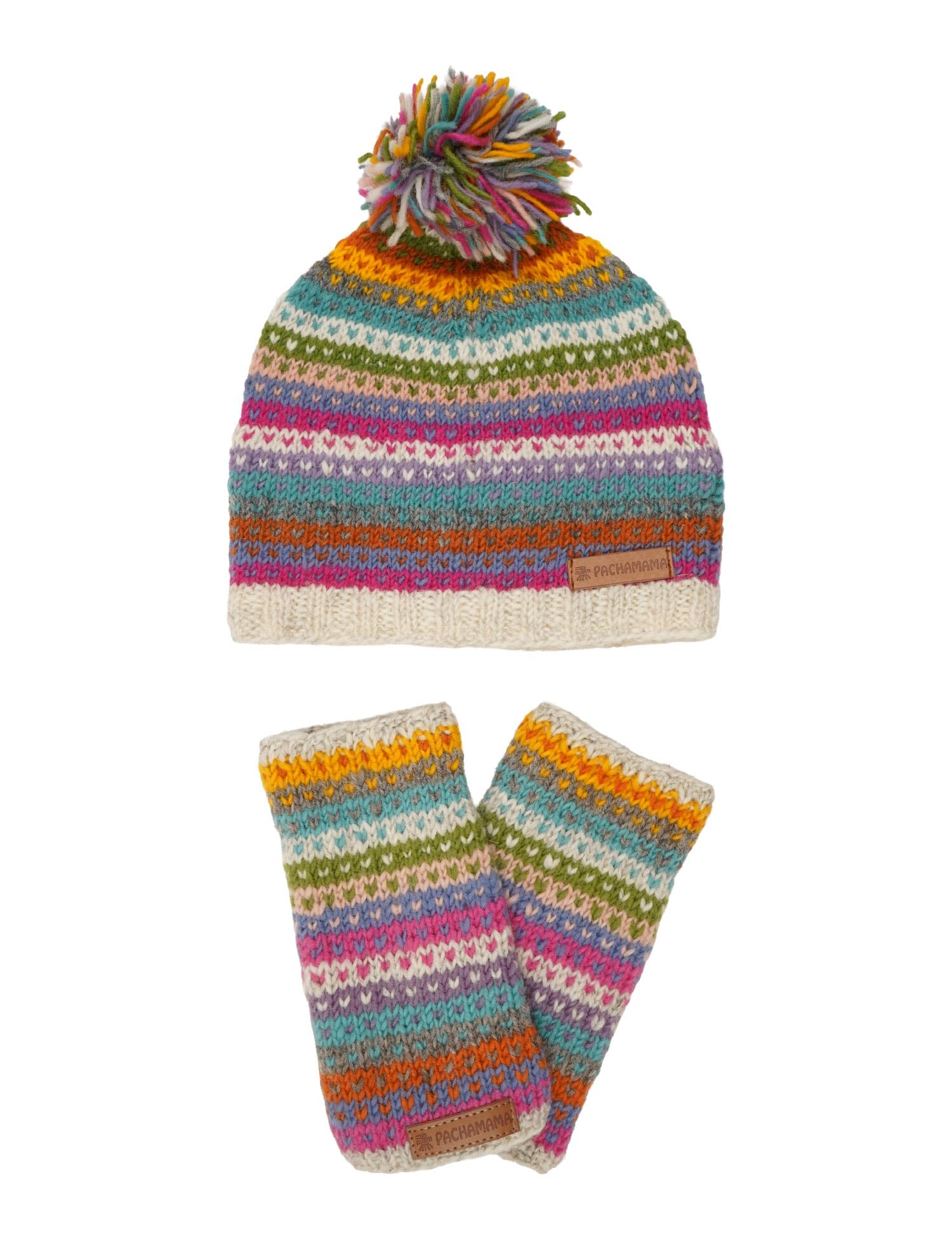 Pachamama Damen Wollmütze mit Bommelmütze und Hand-/Handgelenkwärmer, 2 Stück, Geschenk-Set, mit Fleece gefüttert, handgestrickt, Punkte, Streifen, mehrfarbig, Einheitsgröße, handgefertigt, extra warm