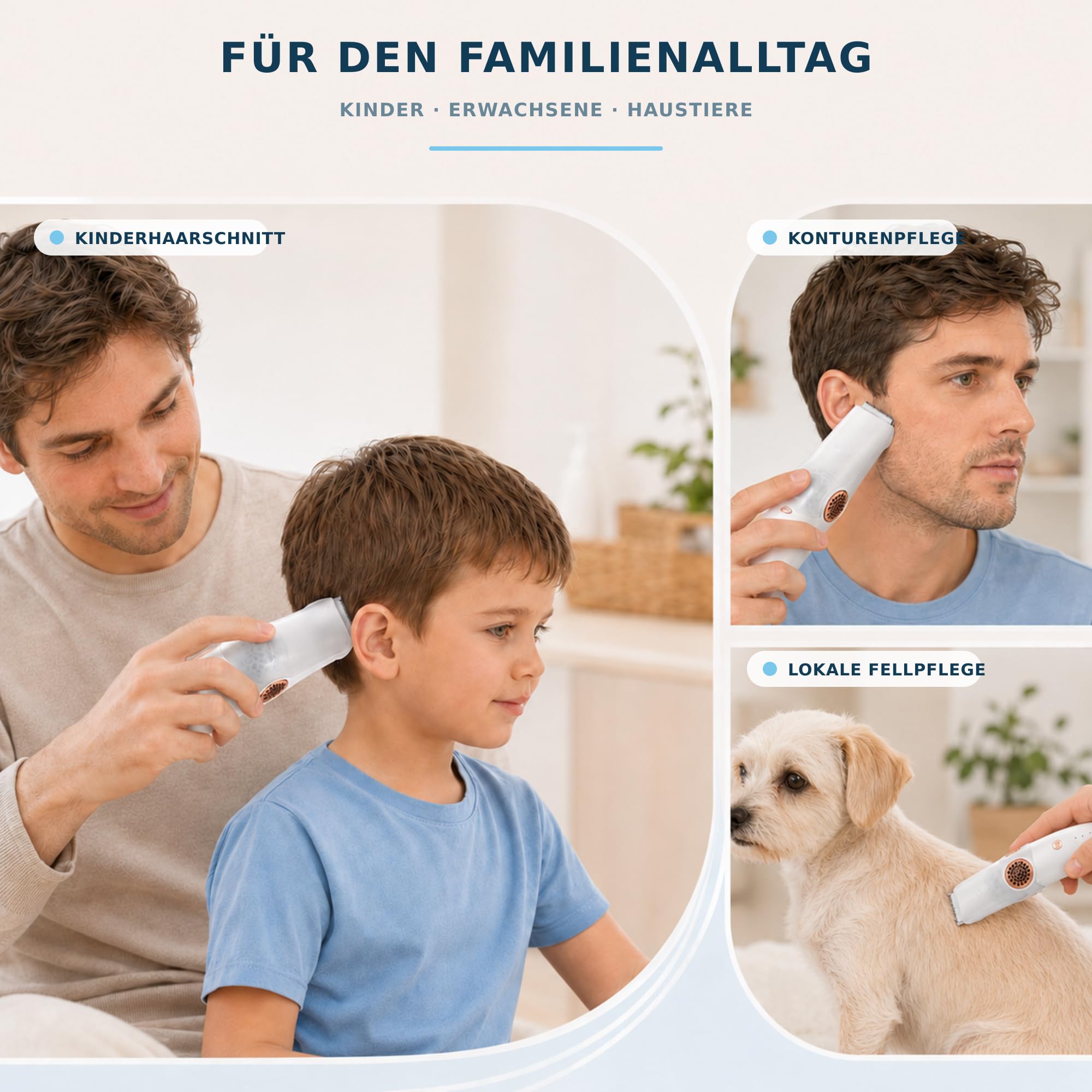 HOME Baby Haarschneider mit Absaugfunktion, Leise Kinder Haarschneidemaschine IPX7 Wasserdicht, 3 Geschwindigkeiten, Keramikklinge mit Abgerundeten Kanten, USB-C, 3 Führungskämme