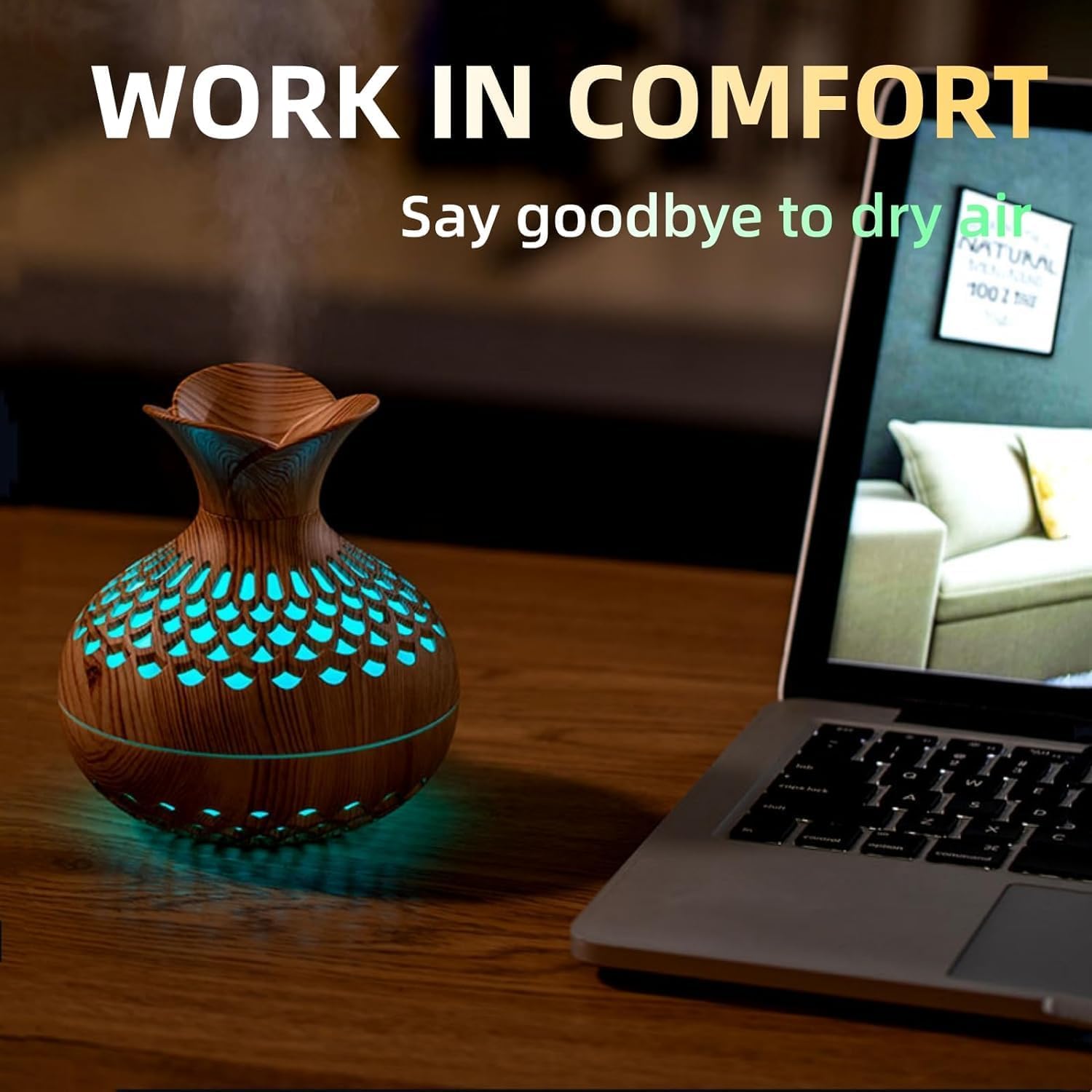 Pure Aroma Wooden Finish Humidifier & Essential Oil Diffuser | Ultrasonic Cool Mist | LED Night Light | Aroma Diffuser for Home, Office, Bedroom & Yoga | Air Freshener - Image 2 thumbnail