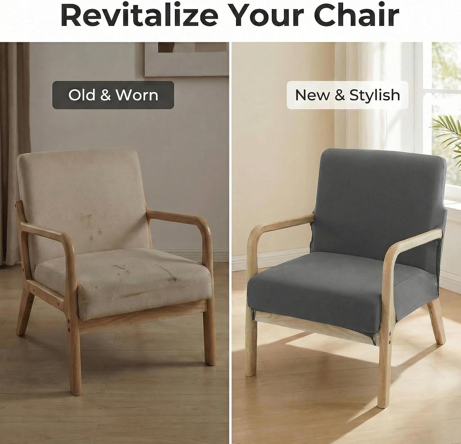 Deisy Dee Printed Mid-Century Modern Chair Cover, Stretch Reading Armchair Covers, Upholstered Living Room Chair Covers (Dark Grey)