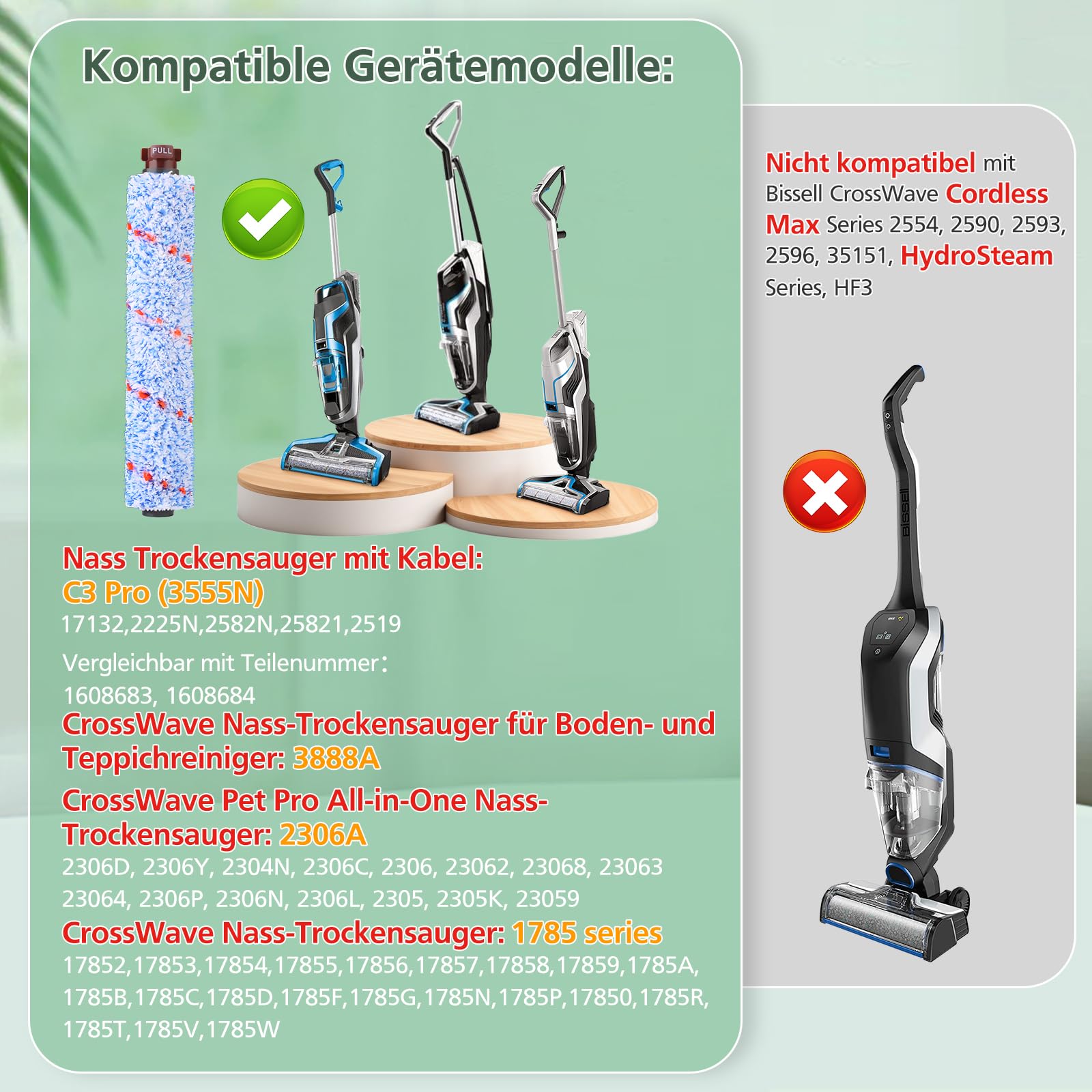 Zubehör für Bissell CrossWave 3-in-1 C3 Pro Nass Trockensauger 3555N, 3 Multi-Oberflächenbürsten 1868 + 3 Filter 1866 für Bissell CrossWave 17132 2225N 2582N 25821 2519 Staubsauger