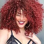 rosmile Curly Wigs for Black Women -Burgundy Synthetic African American Full Kinky Curly Afro Hair Wig with Bangs (Free 1pc Professional Wig Comb and 4pcs Wig Caps)