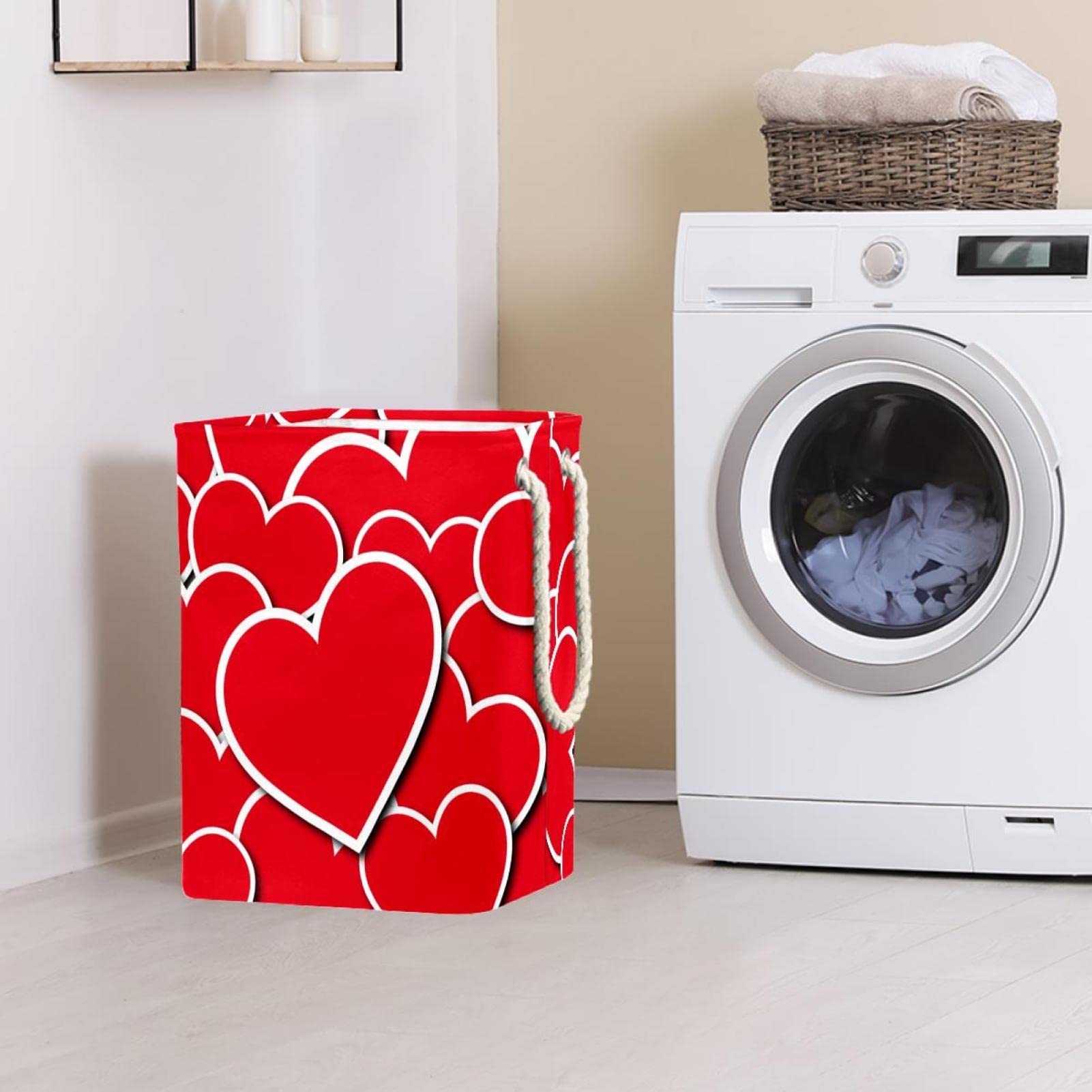 Cesta impermeable para la ropa sucia, cesta para la ropa sucia con asa, patrón de corazones rojos