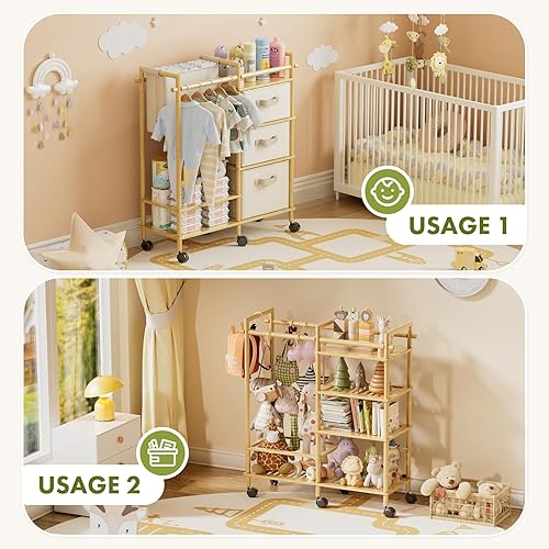 Miniatura 7 de Carrito organizador de pañales de bambú para bebé, carrito rodante de 3 niveles con divisores y cajones extraíbles, carrito de pañales para