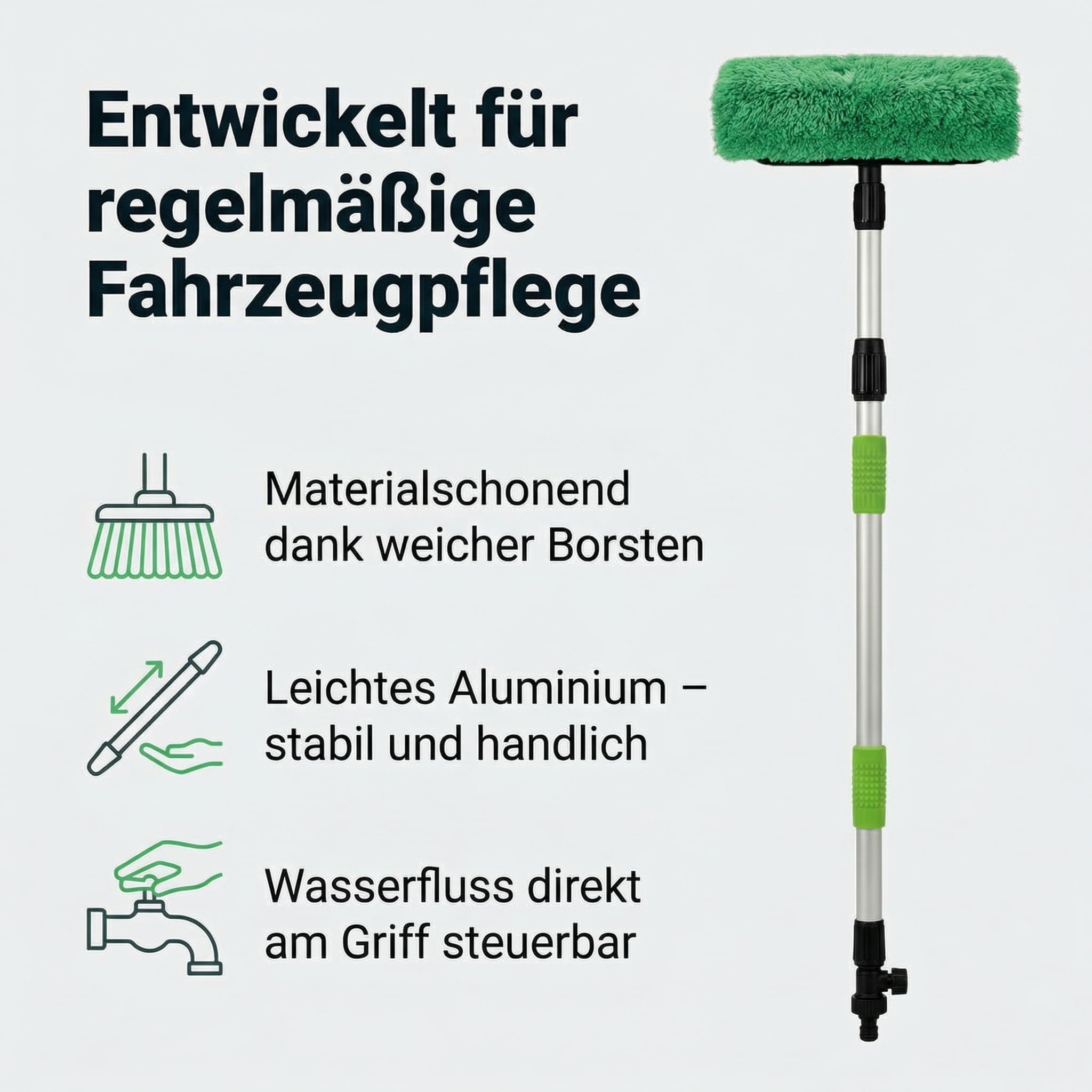 Richter Chemie Teleskop-Waschbürste mit Wasseranschluss, 139–240 cm | Stufenlos verstellbar, Stop-Ventil, Weiche Borsten, Aluminiumstiel mit Softgriff, für Wohnmobil, Boot, LKW & Solarpanel