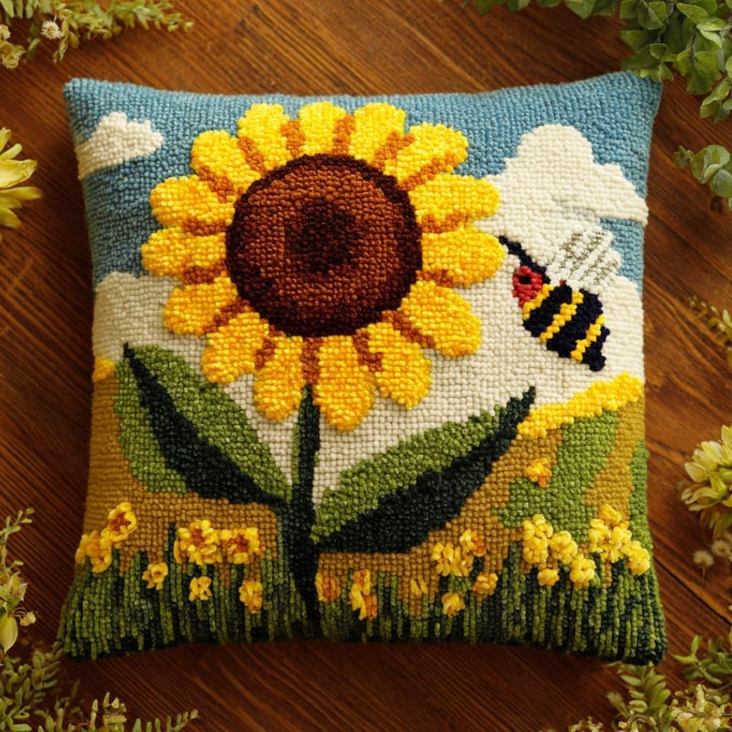 WallustrioaW Latch Hook Pillow Kit -Sunflowers Embroidery Art Craft Kit - All Ages - Unisex - 43X43Cm