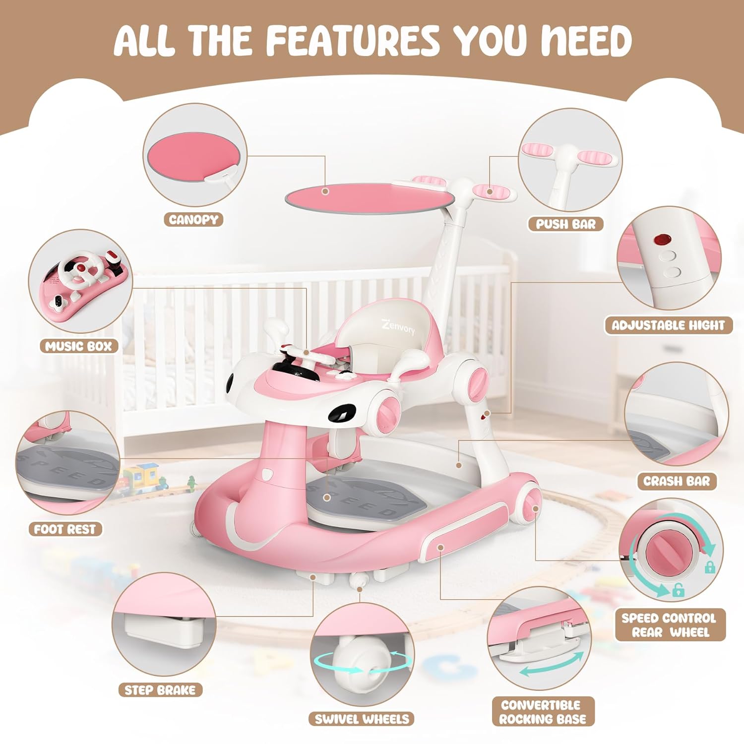 6 in 1 Foldable Baby Walker, Activity Baby Walker-Baby Bouncer, Rocker, Activity Center,Push Walker,Detachable Trampoline Mat, Adjustable Speed Rear Wheels and Height,Music & Lights,Ages 6-18 Months - Image 2