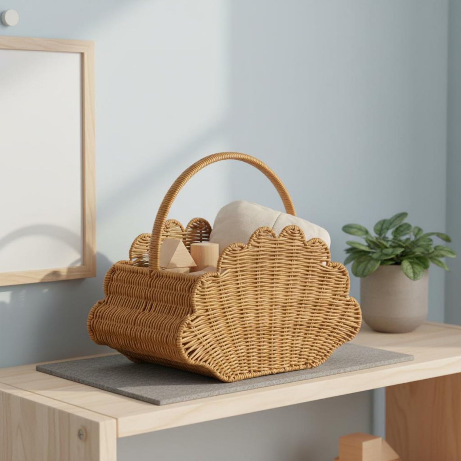 Cesto Portatile Intrecciato Cesta Organizzazione Contenitore Vimini Portariviste Imitazione Rattan con Manico Solido Adatto per Picnic Soggiorno Cucina Camera dei Bambini Ufficio